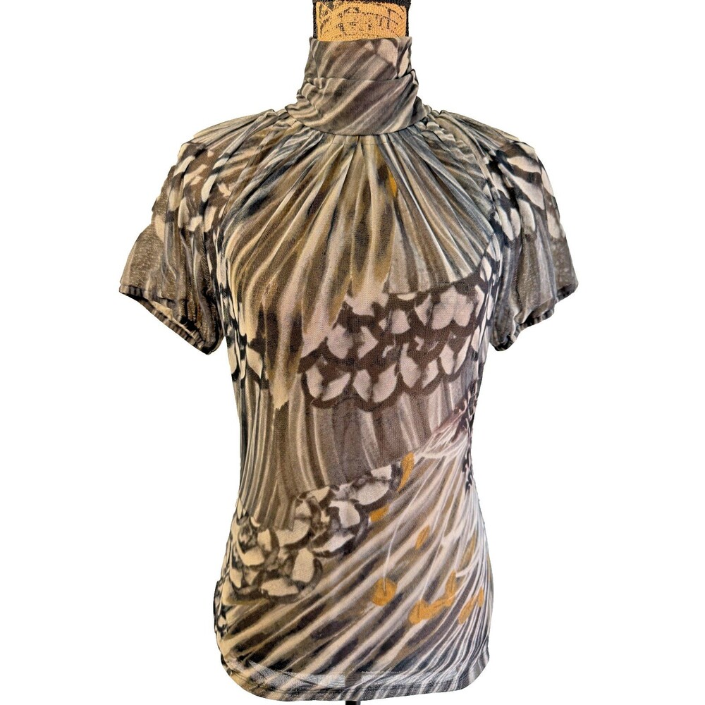 Etcetera Abstract Gray Feather Print Sheer Mesh Mock Neck Puff Sleeve Top Sz S